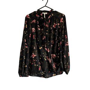 Pleione Black Floral Long Sleeve Faux Wrap Tie Neck Blouse Size Small‎ NWT